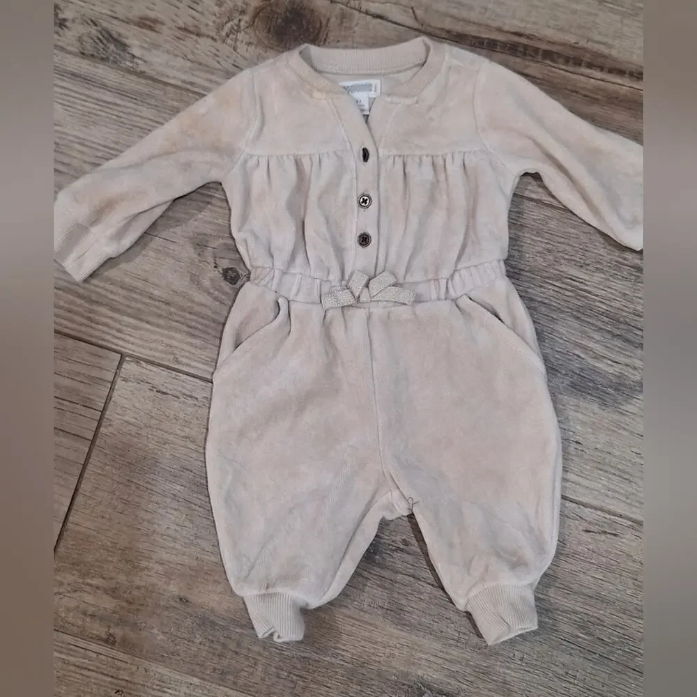 Gymboree Oatmeal Velour Cute Jumpsuit With Glittery Tie Bow Sz 0-3 M #1905